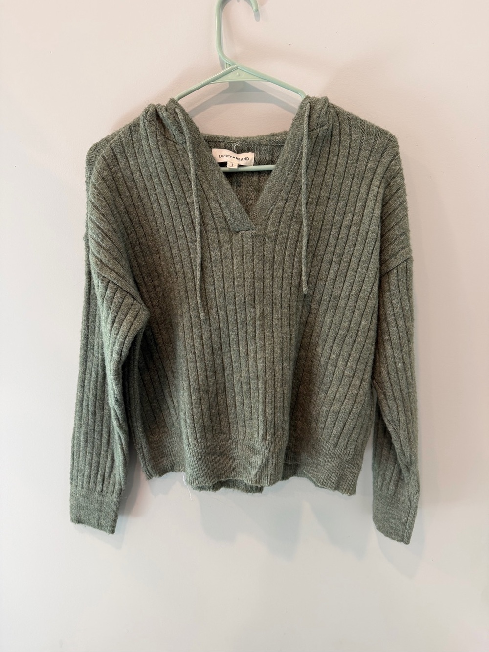 Lucky Brand Ribbed Olive Green Hooded Sweater